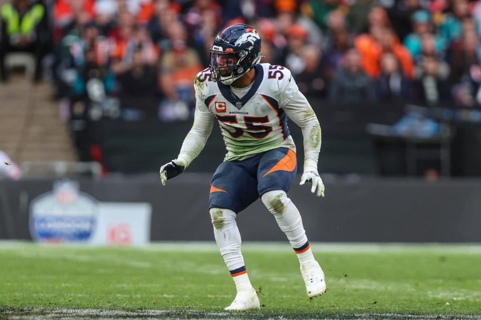 Broncos linebacker Bradley Chubb (55) reacts to the play during a game against the Jacksonville Jaguars at Wembley Stadium in London on Oct. 30, 2022.