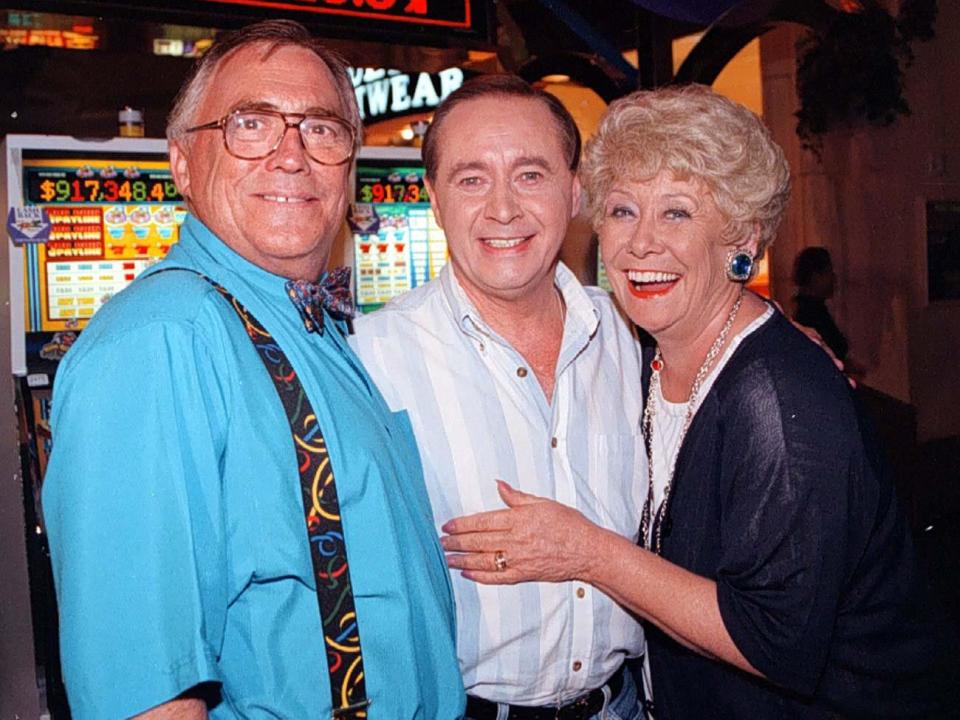 Jack (left) and Vera Duckworth (Bill Tarmey and Liz Dawn) meet up with Street veteran Ray Langton in September 1997 (Neville Buswell) (PA)