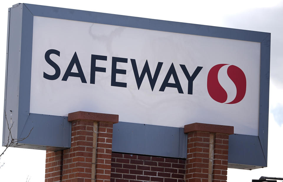 A sign is displayed outside a Safeway grocery store Wednesday, Feb. 14, 2024, in Denver. Colorado Attorney General Phil Weiser announced the filing of a lawsuit to block the Kroger/Albertsons merger on the basis of eliminating competition during a news conference Wednesday, in Denver. (AP Photo/David Zalubowski)