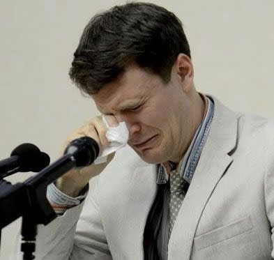 Otto Warmbier cries as he speaks to a judge in North Korea's highest court on Wednesday, the day he was sentenced. Photo: REUTERS