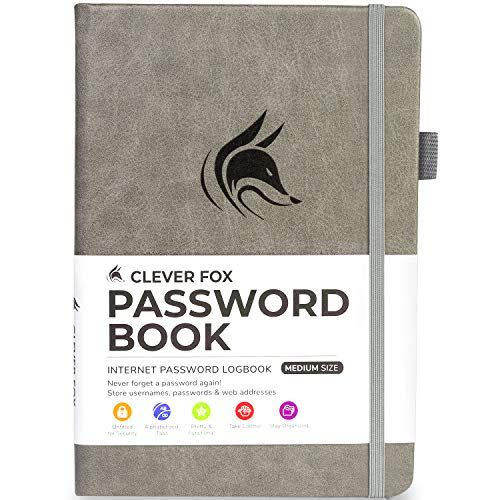 Clever Fox Password Book with tabs. Internet Address and Password Organizer Logbook with Alphabetical tabs. Medium Size Password Keeper Journal Notebook for Computer & Website Logins (Grey)