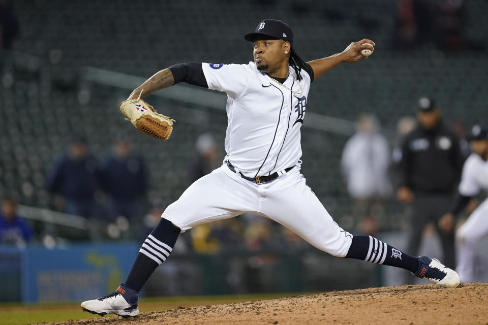 Detroit Tigers relief pitcher Gregory Soto throws against the Kansas City Royals in the ninth inning of a baseball game in Detroit, Wednesday, Sept. 28, 2022. (AP Photo/Paul Sancya)