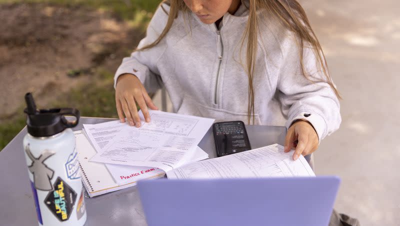 Sidne Boadwine, a junior at Boise State University, does class work in Boise on Thursday, Sept. 22, 2022. 