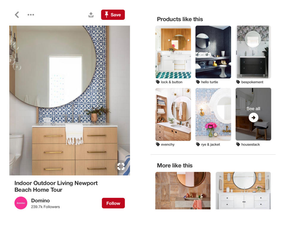 This undated product image provided by Pinterest shows a new Pinterest products like this search. In another step toward revenue growth and to give users something they’ve been asking for, the company is announcing Tuesday, Oct. 16, 2018, that it is making more of its “pins,” the photos and illustrations users post and save for inspiration, “shoppable.” If the exact item is not available, Pinterest is making it easier for people to find similar ones, in home decor and fashion, to start, that match aesthetically. (Pinterest via AP)
