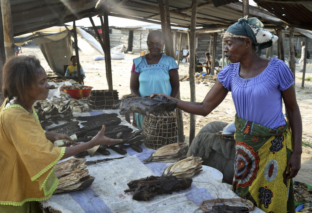 In this photo taken Tuesday, May 29, 2018, a street trader sells dried fish and smoked monkey meat at the port of Maluku in Kinshasa, Congo. Congo's latest deadly Ebola outbreak is hitting local traders of popular bush meat amid concerns about the virus jumping to humans from animals such as bats and monkeys. (AP Photo/John Bompengo)