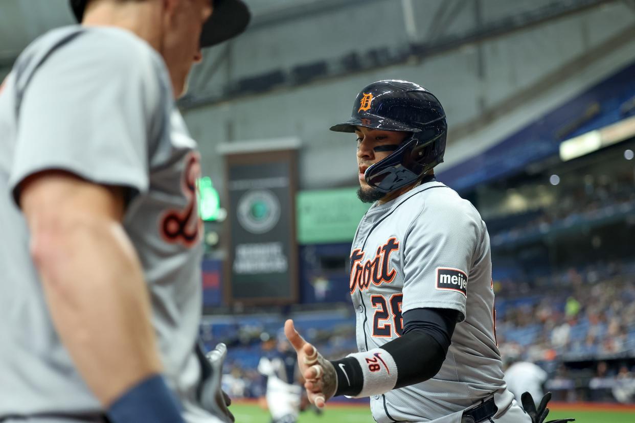 Tigers shortstop Javier Baez celebrates scoring against the Rays during the second inning on Monday, April 22, 2024, in St. Petersburg, Florida.