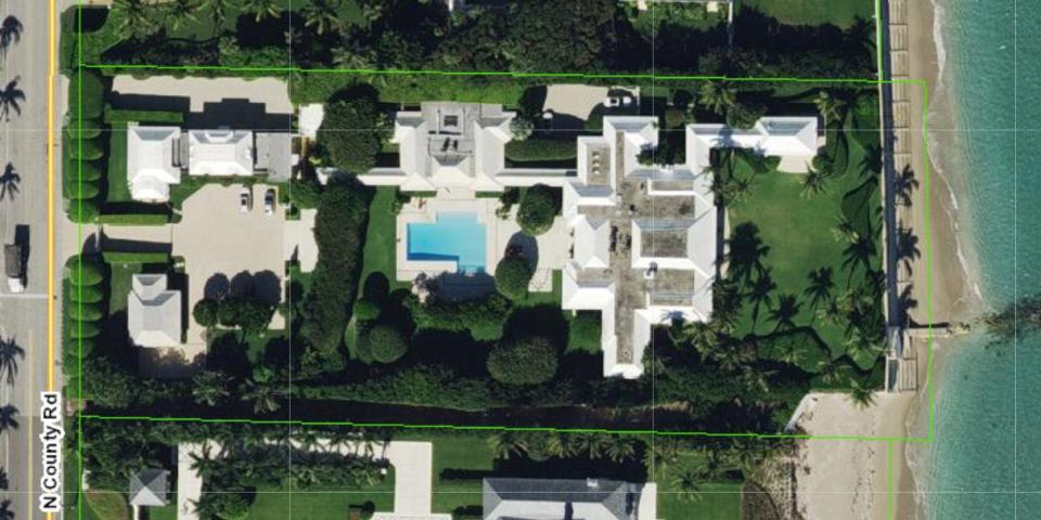 An aerial photo shows the oceanfront estate at 641 N. County Road in Palm Beach, which has generated a 2023 property tax bill of $1.11 million.