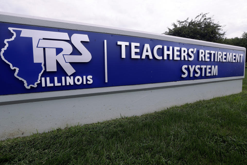 This Friday, Aug. 26, 2016 file photo shows a sign for the Illinois Teachers Retirement System in Springfield, Ill. In a report released on Tuesday, Sept. 14, 2021, the Pew Charitable Trust found that the four states with the most endangered pension systems — Illinois, Kentucky, New Jersey and Pennsylvania — have been ramping up contributions even faster, averaging annual growth of 16%. (AP Photo/Seth Perlman, File)