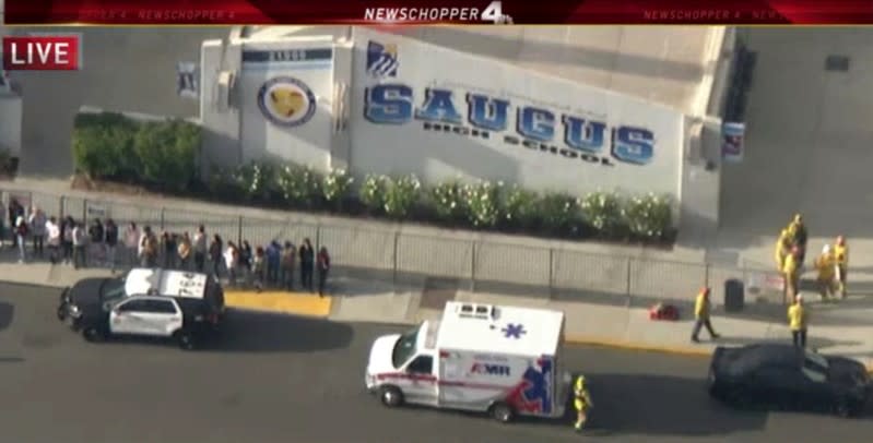 Police and emergency vehicles on the scene of a shooting at Saugus high school in Santa Clarita