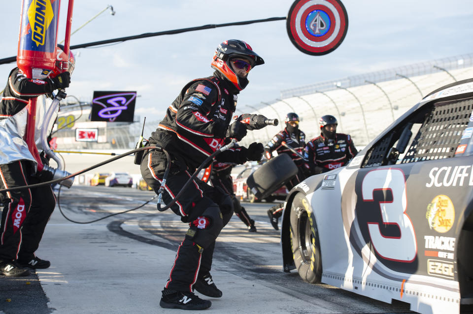 Austin Dillon (3) pits during a NASCAR Cup Series auto race at Dover International Speedway, Sunday, Aug. 23, 2020, in Dover, Del. (AP Photo/Jason Minto)