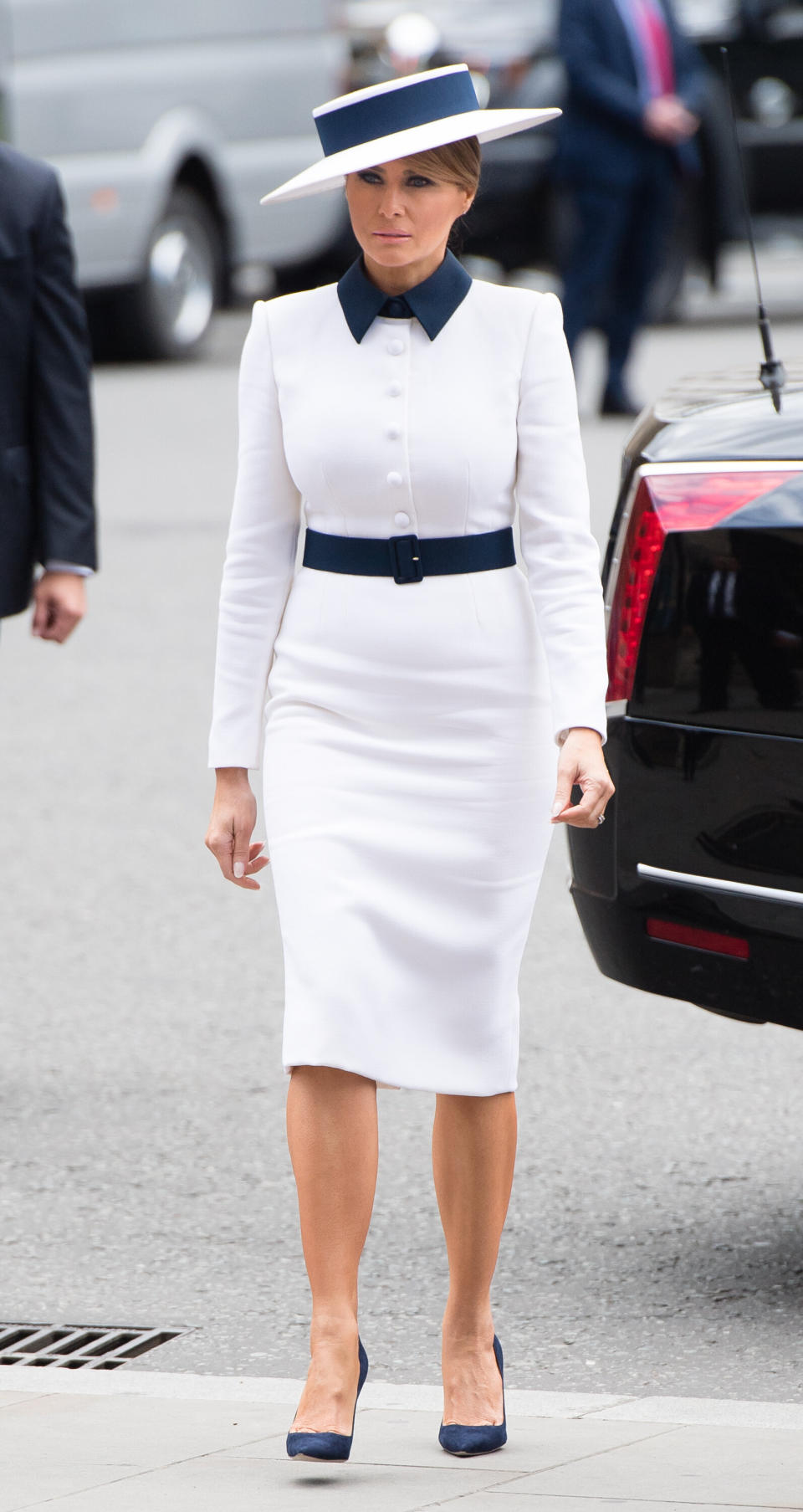 LONDON, ENGLAND - JUNE 03: First Lady Melania Trump arrives for a visit to Westminster Abbey on June 03, 2019 in London, England. President Trump's three-day state visit will include lunch with the Queen, and a State Banquet at Buckingham Palace, as well as business meetings with the Prime Minister and the Duke of York, before travelling to Portsmouth to mark the 75th anniversary of the D-Day landings.  (Photo by Samir Hussein/Samir Hussein/WireImage)