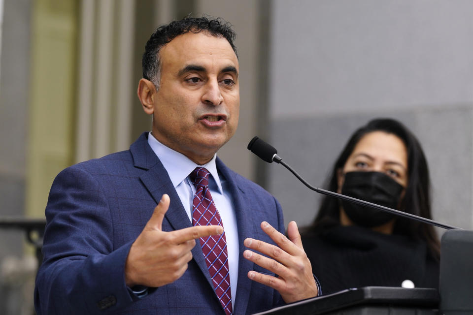 FILE - Assemblyman Ash Kalra, D-San Jose, discusses his bill that would pay for the universal health care bill, during a news conference at the Capitol in Sacramento, Calif., Thursday, Jan. 6, 2022. On Monday Jan. 31, 2022, California Democrats face a deadline to advance a bill that would create a government-funded universal health care system. The proposal has the support of some Democratic leaders and powerful labor union, but it faces strong opposition from business groups who say it would cost too much. (AP Photo/Rich Pedroncelli, File)