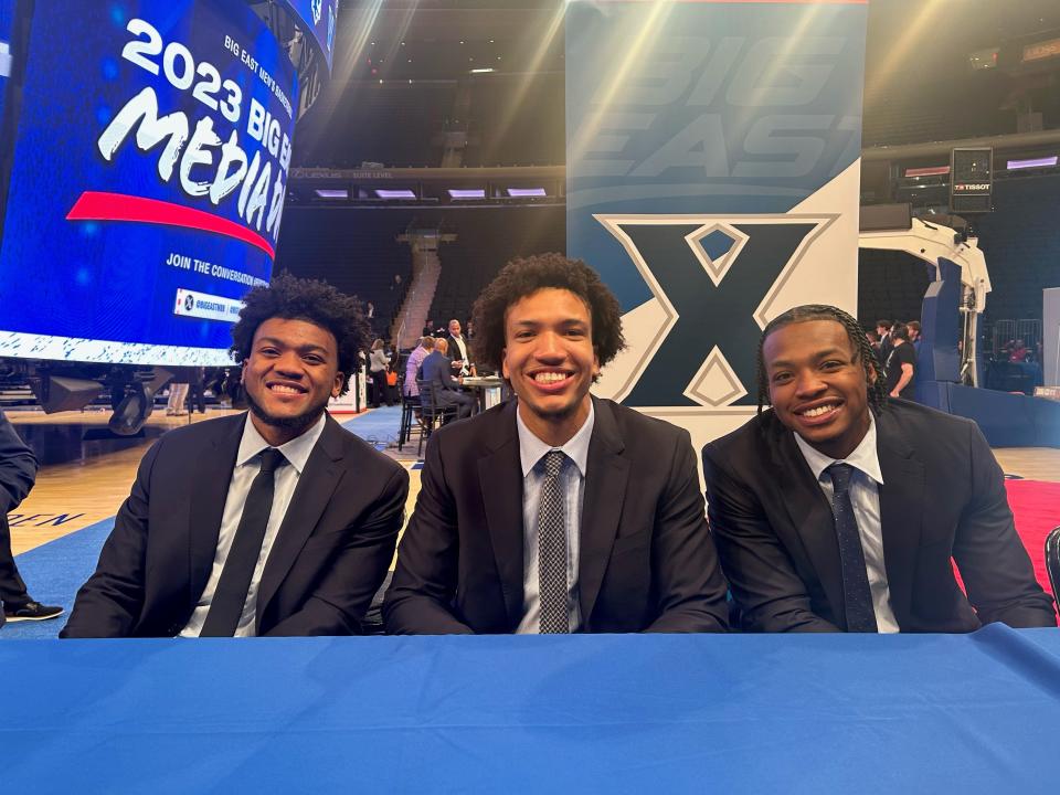 Xavier University basketball players Dayvion McKnight, Desmond Claude and Quincy Olivari representing the Musketeers at 2023 Big East Media Day in New York City.