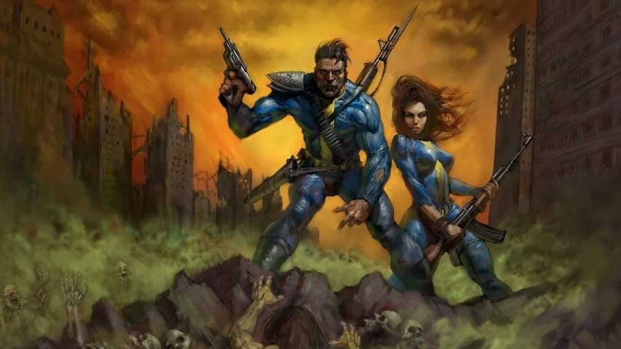  A man and a woman in vault suits stand over irradiated and hostile ghouls in keyart for Fallout 1. 