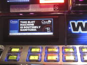 A slot machine is seen at the Ocean Casino Resort in Atlantic City N.J., June 3, 2020, indicating it was routinely sanitized once the casino reopened during the early stage of the COVID-19 outbreak. The New Jersey Supreme Court is expected to hear arguments, Wednesday, Sept. 27, 2023, in a case involving whether insurance companies were correct in denying payouts to the casino for business losses during the state-mandated closure in 2020. (AP Photo/Wayne Parry)