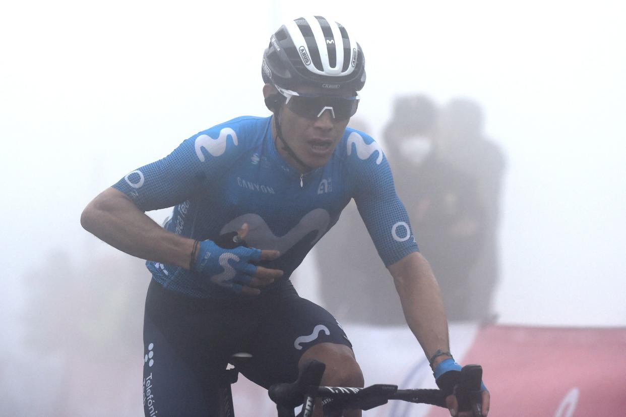 Team Movistar's Colombian rider Miguel Angel Lopez celebrates as he wins the 18th stage of the 2021 La Vuelta cycling tour of Spain, a 162.6 km race from Salas to Altu d'El Gamoniteiru in Pola de Lena, on September 2, 2021. (Photo by MIGUEL RIOPA / AFP) (Photo by MIGUEL RIOPA/AFP via Getty Images)