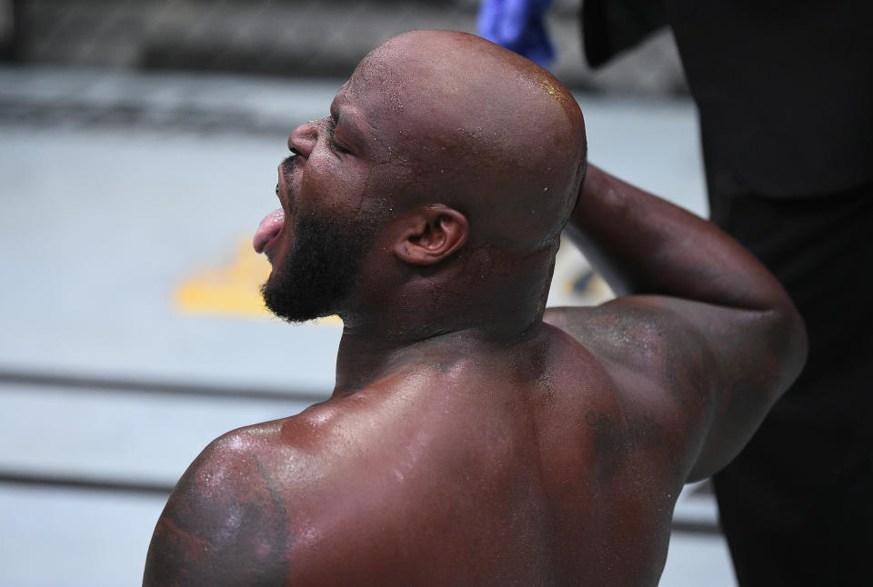 LAS VEGAS, NEVADA - AUGUST 08: Derrick Lewis reacts after his knockout over Aleksei Oleinik of Russia in their heavyweight fight during the UFC Fight Night event at UFC APEX on August 08, 2020 in Las Vegas, Nevada. (Photo by Chris Unger/Zuffa LLC)