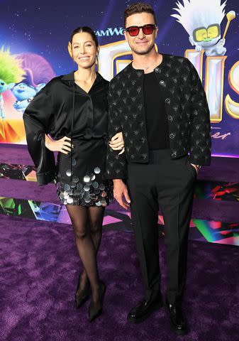 <p>Monica Schipper/Getty </p> Jessica Biel and Justin Timberlake at a special screening of "Trolls Band Together" on Nov. 15, 2023