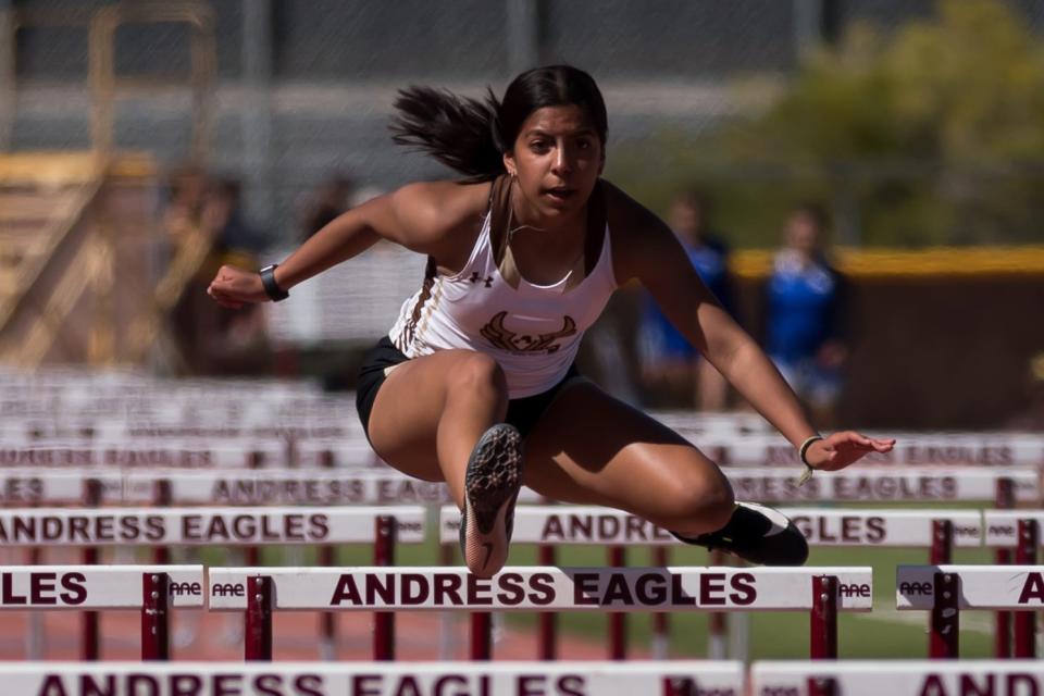 Austin's Zoe Natera compete in the 100 meter hurdles at the District 1-4A track and field meet on Thursday, April 6, 2023, at Andress High School.