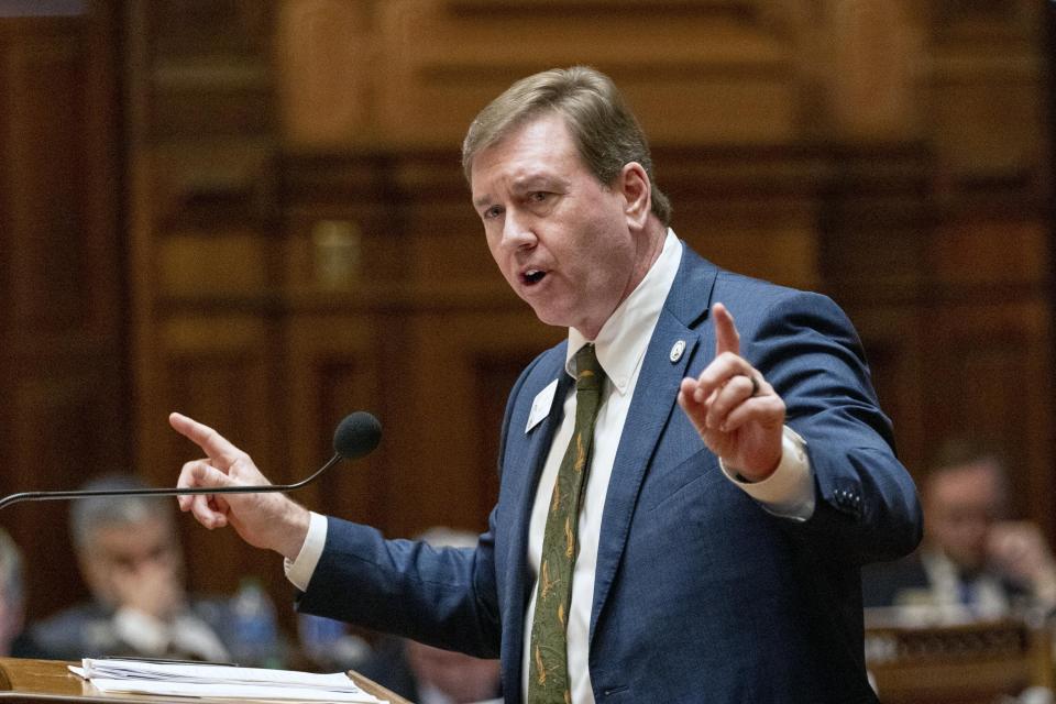 State Rep. Jesse Petrea, R-Savannah, presents arguments for HB 1105, which would penalize sheriffs who don't coordinate with federal immigration authorities, at the House of Representatives in Atlanta on Thursday, Feb. 29, 2024. (Arvin Temkar/Atlanta Journal-Constitution via AP)