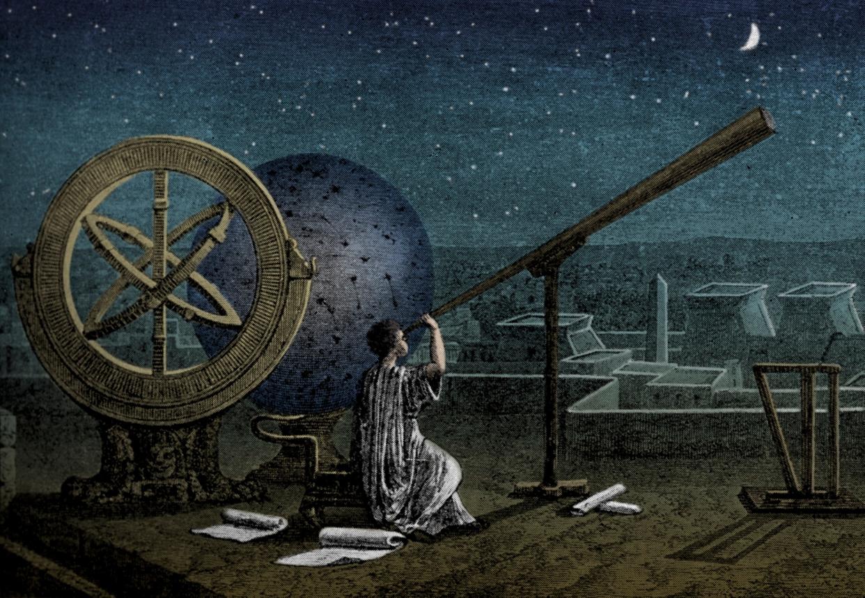 A person is seated looking through a telescope with astrological instruments nearby in Ancient Greece