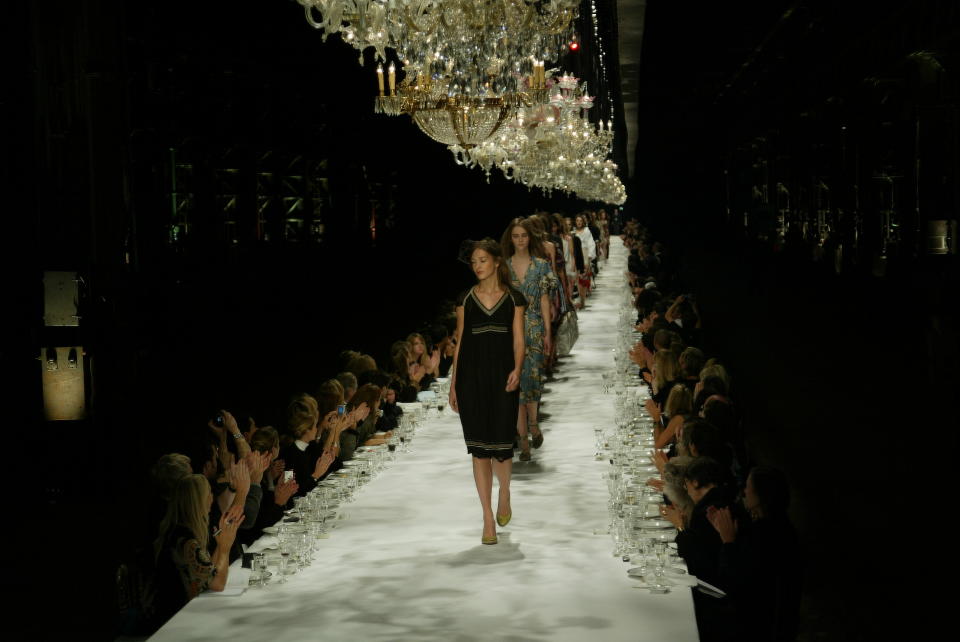 A model walks down the runway at the Spring 2005 Dries van Noten show in Paris. (Photo by Giovanni Giannoni/Fairchild Archive/Penske Media via Getty Images)