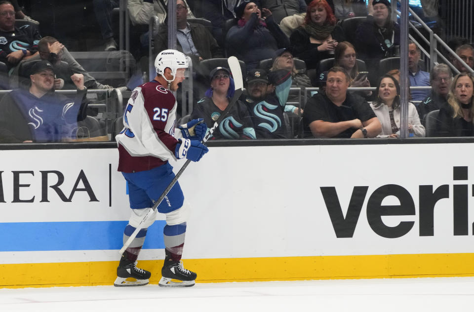 Colorado Avalanche right wing Logan O'Connor (25) reacts after scoring against the Seattle Kraken during the second period of an NHL hockey game Tuesday, Oct. 17, 2023, in Seattle. (AP Photo/Lindsey Wasson)