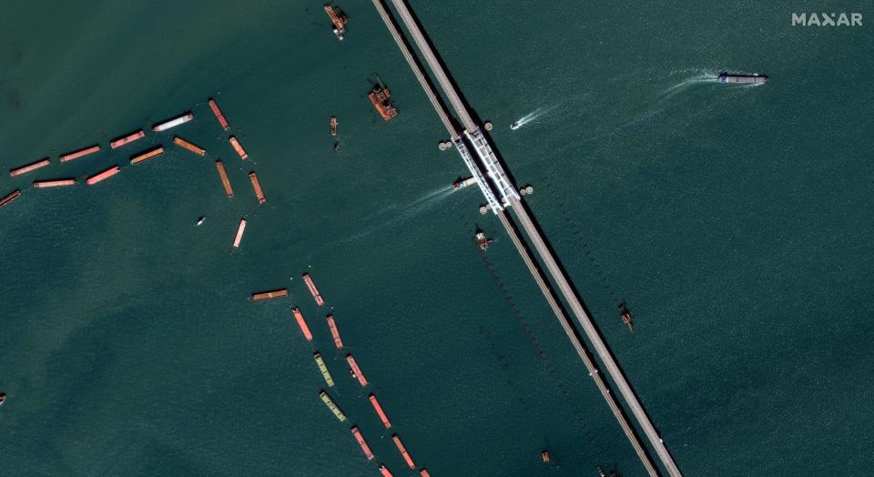 Close-up of barriers and ship traffic near the Kerch Bridge on September 28.