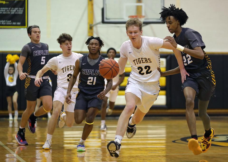 Cuyahoga Falls' Drew Huffman dribbles down the court past Copley's Wendell Parks, right, during the first half of a high school basketball game, Friday, Jan. 27, 2023, in Cuyahoga Falls, Ohio.