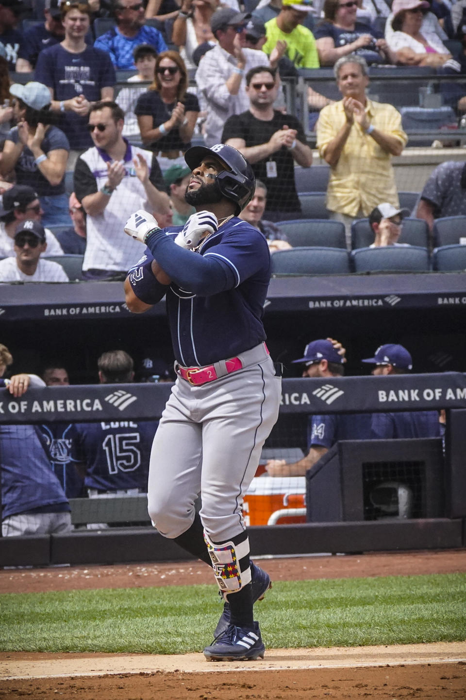 Tampa Bay Rays' Yandy Diaz gestures as he heads home after hitting a grand slam in the fifth inning of a baseball game against New York Yankees, Saturday, May 13, 2023, in New York. (AP Photo/Bebeto Matthews)