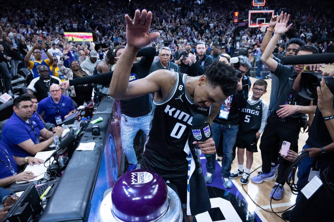 Sacramento Kings guard Malik Monk (0) lights the beam after his team’s victory during Game 2 of the first-round NBA playoff series at Golden 1 Center in April. 