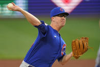 Chicago Cubs starting pitcher Alec Mills delivers during the first inning of a baseball game against the Pittsburgh Pirates in Pittsburgh, Tuesday, Sept. 28, 2021. (AP Photo/Gene J. Puskar)