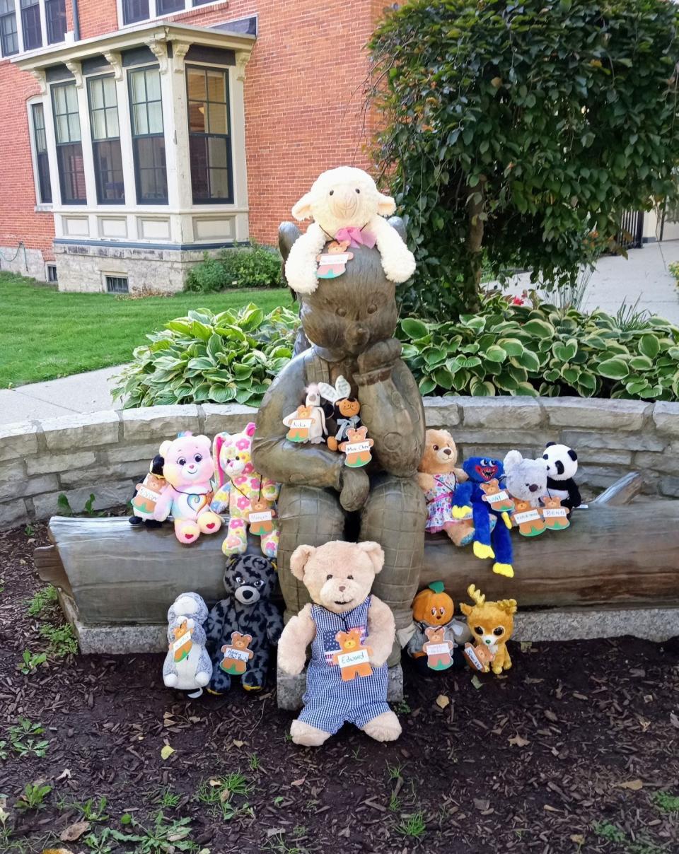 At a teddy bear sleepover at Dorsch Memorial Library, children brought in a stuffed animal to spend the night at the library. Karen Sweat, youth service technician, took pictures of the stuffed animals doing different things throughout the library including a visit with the Little Brown Bear.