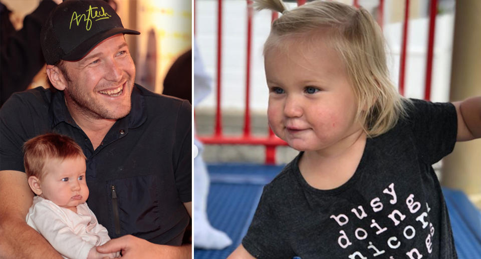 Bode Miller (left) poses for a photograph with his daughter, Emmy, at the Tyrol night during the 2017 FIS Alpine World Ski Championships. Pictured right is a photo of Emmy shared by her mum. Images: Getty & Instagram / Morgan Miller