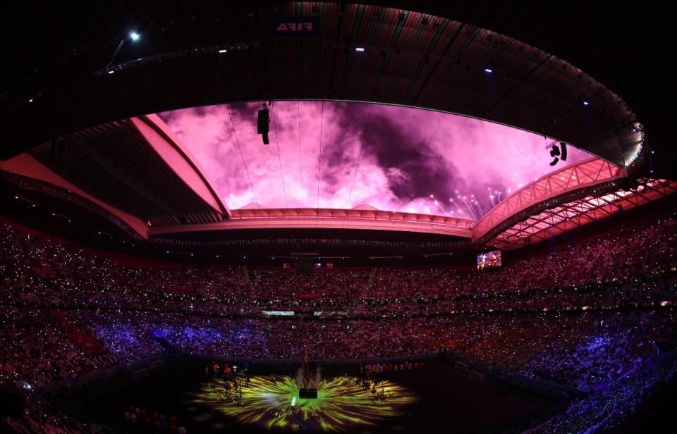 Soccer Football - FIFA World Cup Qatar 2022 - Group A - Qatar v Ecuador - Al Bayt Stadium, Al Khor, Qatar - November 20, 2022 General view inside the stadium and fireworks during the opening ceremony REUTERS/Amr Abdallah Dalsh