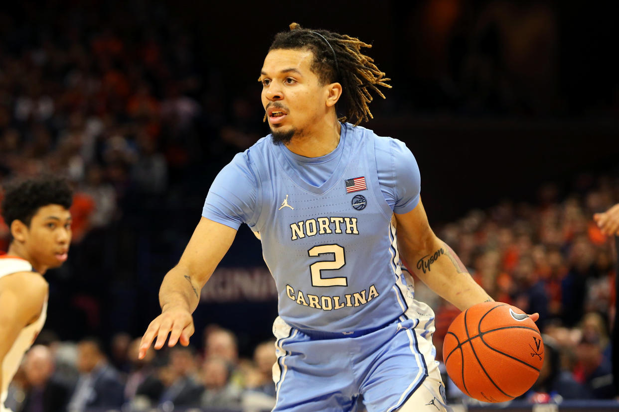 CHARLOTTESVILLE, VA - DECEMBER 07: Cole Anthony #2 of the North Carolina Tar Heels dribbles in the first half during a game against the Virginia Cavaliers at John Paul Jones Arena on December 7, 2019 in Charlottesville, Virginia. (Photo by Ryan M. Kelly/Getty Images)