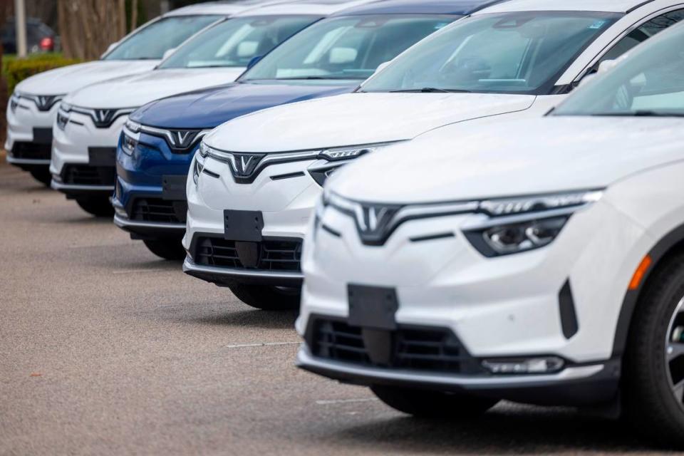 VinFast electric cars sit in the parking lot of the new Leith VinFast dealership in Cary Thursday, Dec. 28, 2023. The Vietnamese automaker announced in March 2022 that it would open an electric vehicle assembly plant in North Carolina.