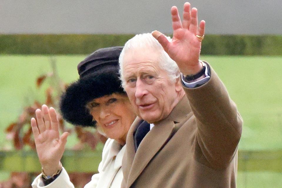 <p>Max Mumby/Indigo/Getty</p> King Charles and Queen Camilla walk to Church of St Mary Magdalene on the Sandringham estate on February 11.