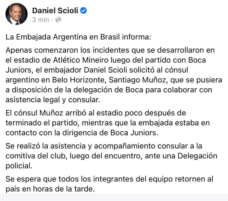 El mensaje de Daniel Scioli, que asistió a la delegación de Boca demorada en Brasil