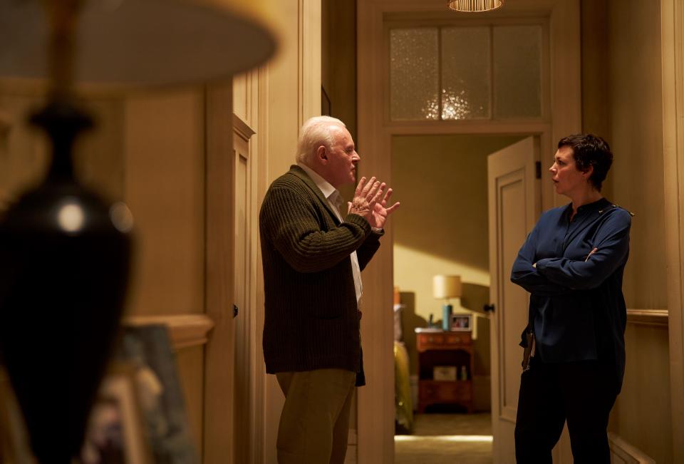 The mental decline of Anthony (Anthony Hopkins) affects his daughter Anne (Olivia Colman) in "The Father."