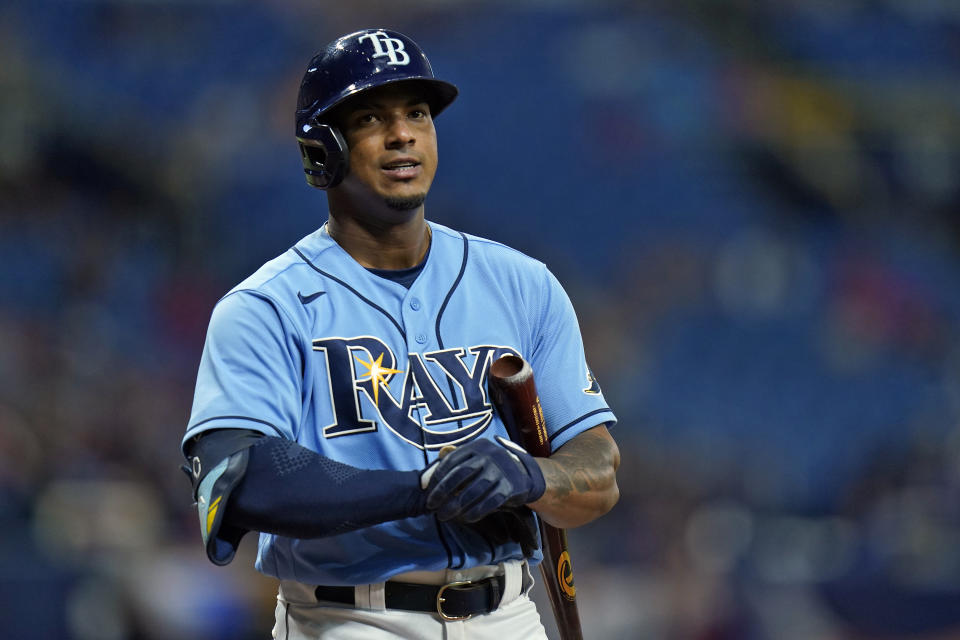 Tampa Bay Rays' Wander Franco reacts after striking out against Boston Red Sox starting pitcher Nick Pivetta during the fourth inning of a baseball game Thursday, June 24, 2021, in St. Petersburg, Fla. (AP Photo/Chris O'Meara)