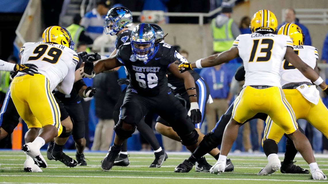 Kentucky veteran left guard Kenneth Horsey (68) returned to action for UK’s 38-21 loss to Missouri two weeks ago after suffering a lower-leg injury in the Wildcats’ season opener.