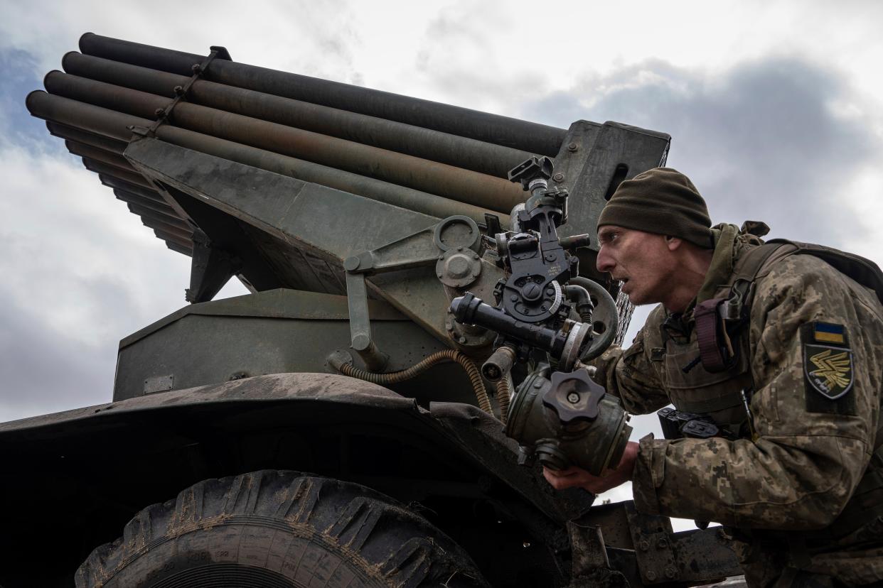 A Ukrainian paratrooper at the frontline near Kreminna on 9 March (AP)