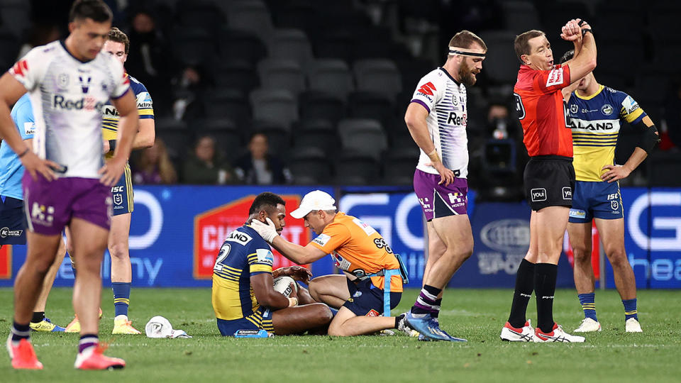 Cooper Johns, pictured here being put on report for a 'crusher tackle' on Maika Sivo.