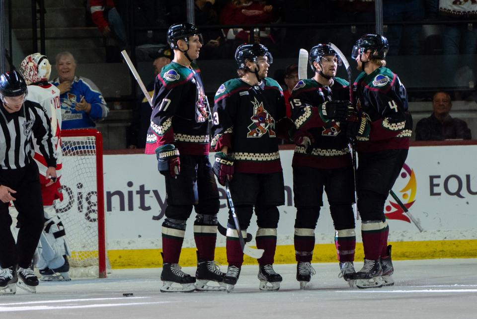 Arizona Coyotes forward Alex Kerfoot (15) celebrates with forward Nick Bjugstad (17), defensemen Josh Brown (3) and defensemen Juuso Valimaki (4) after Kerfoot scored in the first period against the Detroit Red Wings at Mullett Arena.