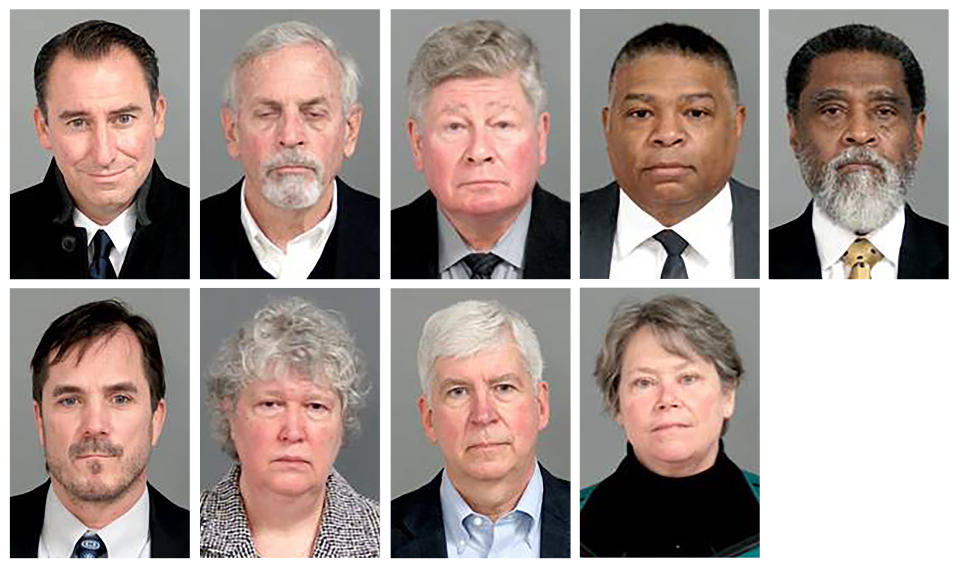 This combo of images provided by the Genesee County, Mich., Sheriff's Office, shows the nine former state-appointed and local officials charged, Thursday, Jan. 14, 2021, in connection with the Flint, Mich., water crisis. Top row from left: Jarrod Agen, former chief of staff to Gov. Snyder; Gerald Ambrose, former state-appointed emergency manager; Richard Baird, former Michigan Transformation manager; Howard Croft, former Flint Director of Public Works; Darnell Earley, former state-appointed emergency manager. Bottom row from left: Nicolas Lyon, former Health and Human Services Director; Nancy Peeler, former early childhood health section manager in the Michigan Department of Health and Human Services; former Michigan Gov. Rick Snyder; and Eden Wells, former Michigan Chief Medical Officer. (Genesee County Sheriff's Office via AP)