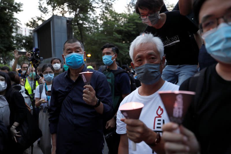 Apple Daily founder Lai attends a candlelight vigil in Hong Kong to mark the 31st anniversary of the crackdown of pro-democracy protests at Beijing's Tiananmen Square in 1989