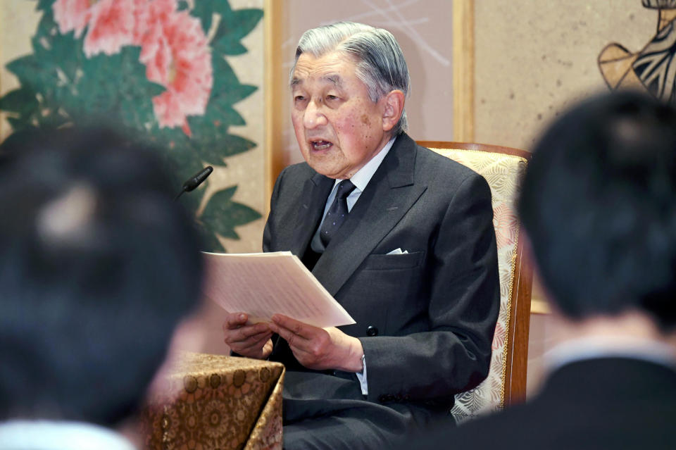 In this Dec. 20, 2018, photo, Japan's Emperor Akihito speaks during a press conference, ahead of his Dec. 23, 2018, birthday at the Imperial Palace in Tokyo. Emperor Akihito, marking his 85th birthday — his last before his upcoming abdication — said he feels relieved that his reign is coming to an end without having seen his country at war and that it is important to keep telling younger people about his nation's wartime history. (Kyodo News via AP)