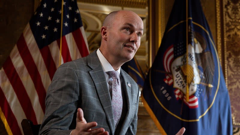 Utah Gov. Spencer Cox speaks during an interview at the Utah Capitol in Salt Lake City on Friday, March 1, 2024.