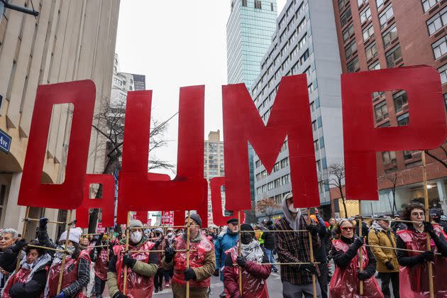 Jewish American demonstrators rally Feb. 22 outside the Manhattan headquarters of the American Israel Public Affairs Committee (AIPAC) and the offices of Democratic Sens. Chuck Schumer and Kirsten Gillibrand, who accept donations from the group.